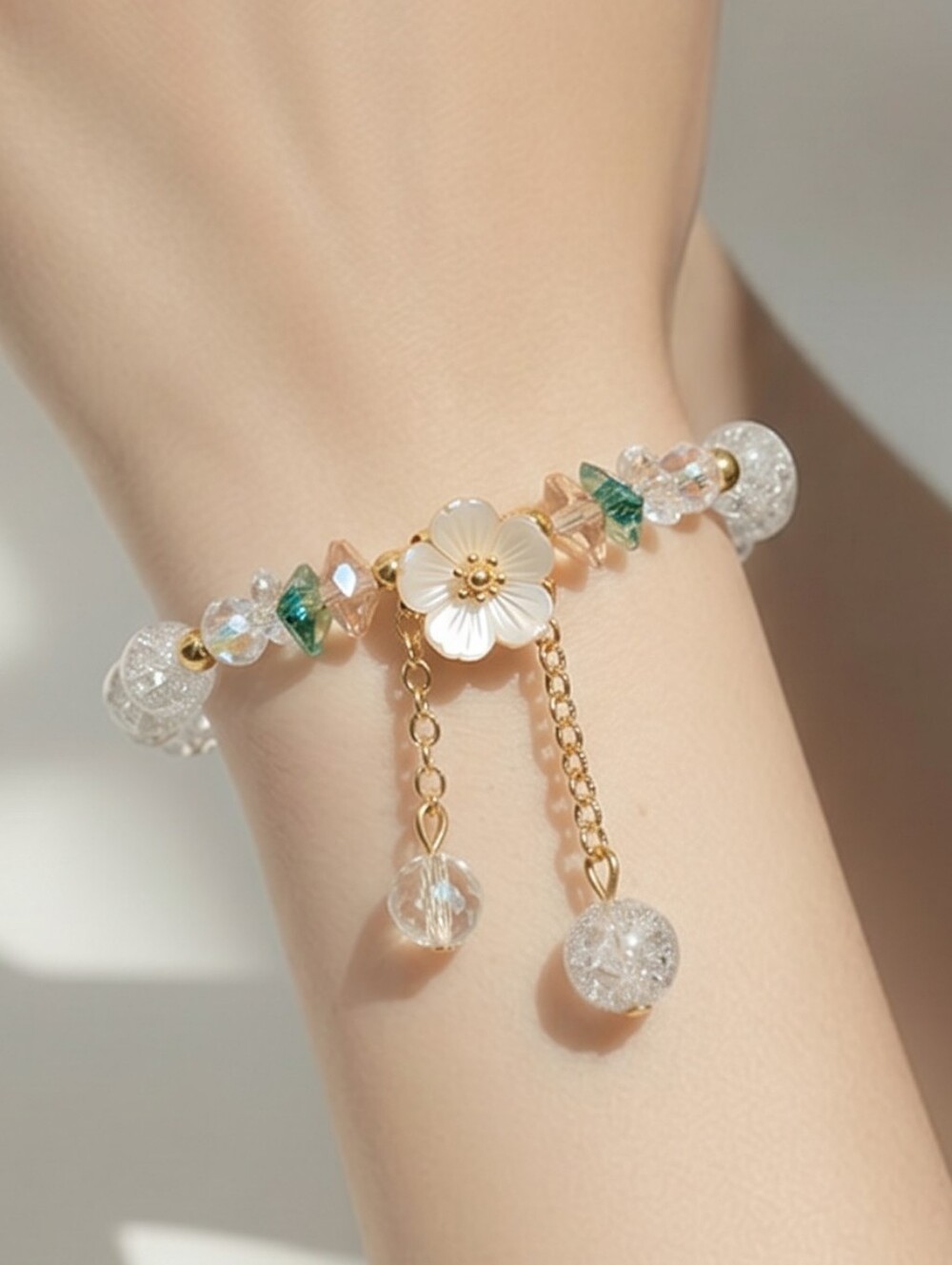 Clear Blossom Bracelet Crystal Beaded Gold Dangle Coquette Gift Stretch